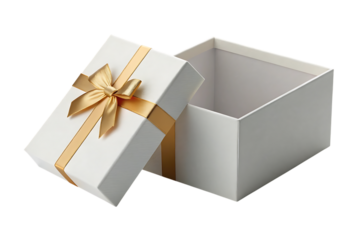 Open white gift box with gold ribbon isolated on transparent background