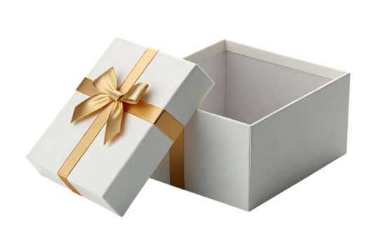 Open white gift box with gold ribbon isolated on transparent background