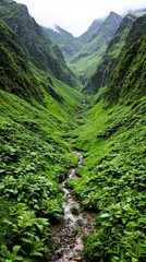Lush Green Valley Landscape Serene Mountain Stream and Verdant Hills