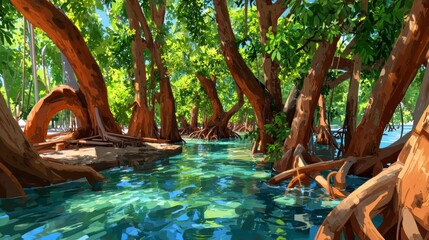 Lush Mangrove Forest Serene Tropical Waters and Ancient Roots