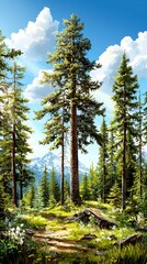 Majestic Evergreen Forest Landscape Tall Pine Trees, Mountain View, Sunny Day