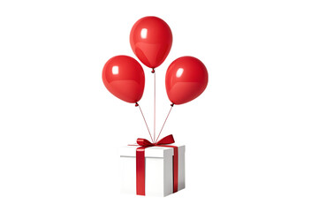Three red balloons lifting gift box isolated on transparent background