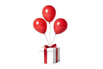 Three red balloons lifting gift box isolated on transparent background