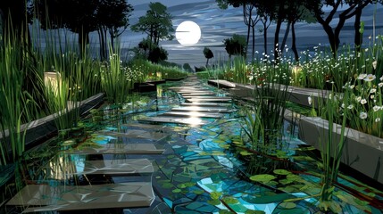 Enchanted Moonlight Garden Path Serene Waterway Steps Leading to Tranquility