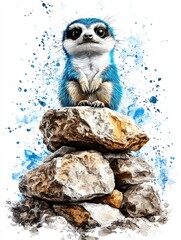 Artistic Blue Meerkat on Rocks Watercolor Digital Painting
