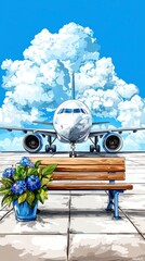 Airplane on Runway with Bench and Flowers A Peaceful Departure Illustration