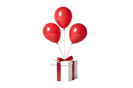 Three red balloons lifting gift box isolated on transparent background