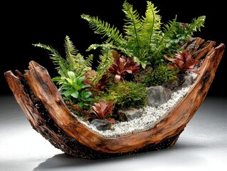 Rustic Wooden Planter with Ferns, Succulents, and Moss