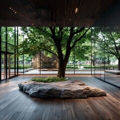 Modern Architectural Design Featuring Indoor Tree and Stone Landscape
