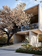 Modern Concrete House with Blossoming Tree and Glass Balcony