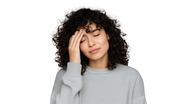 Tired woman with hand on forehead, showing signs of headache, stress or burnout. Transparent background. Concept of mental health, emotional fatigue, migraine, anxiety, or overwhelm.