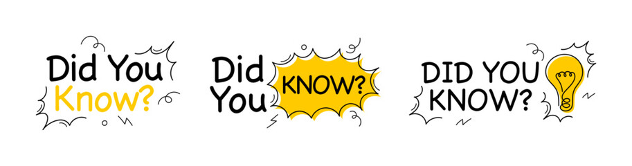 Collection of hand drawn text designs with phrase &ldquo;Did You Know?&rdquo; Playful design in doodle style drawn by hand ideal for education, interesting facts, or blog headers. Vector illustration