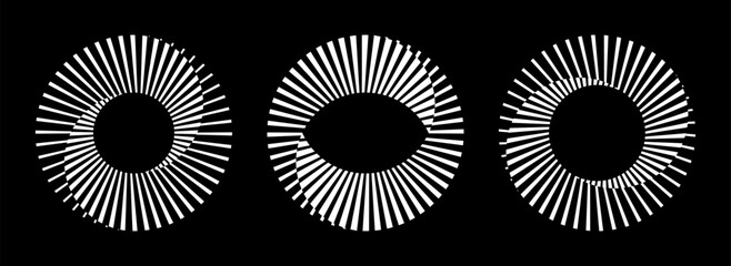 Set of rotating spiral speed lines in circle form. Abstract geometric sun rays in different shape. Design element for logo, prints, template or posters. Vector illustration.