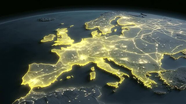 Cyberpunk European Map with Neon Lights and Tech Cities_