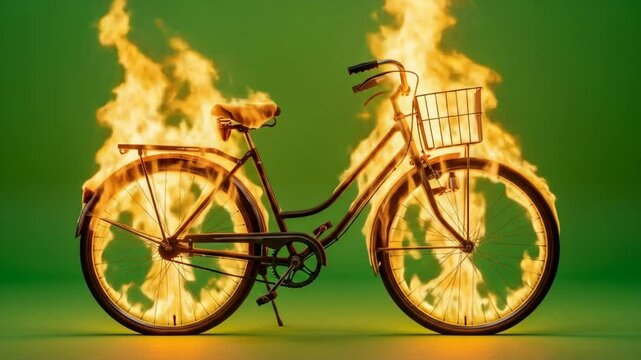 Burning Bicycle on Green Screen - A vintage-style bicycle is engulfed in flames, set against a vibrant green background.