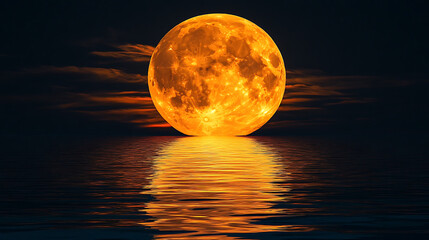 Full orange moon reflecting on water surface at night with dark sky and wispy clouds