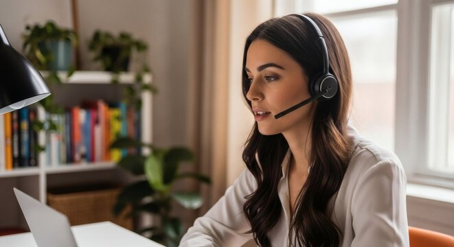 Woman working from home with headset on a video call using laptop for remote work and online communication