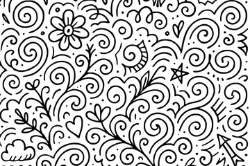 Hand-drawn floral doodles and swirls on white background  