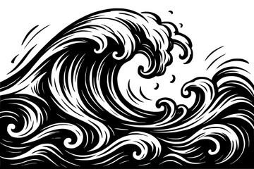 Fototapeta premium Stylized ocean wave illustration with flowing lines in black and white 