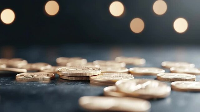 A stack of golden coins on a dark surface with blurred lights in the background. The coins are shiny and reflect light, creating a warm atmosphere.