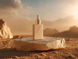 Cosmetic beauty serum bottle mockup on a stone podium in a desert landscape, with golden hour lighting