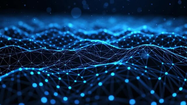 Abstract digital landscape with blue glowing lines and dots. Represents technology, data visualization, and connectivity in a futuristic setting.