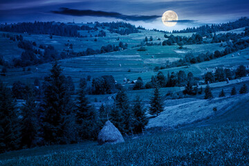 rural mountain landscape in summer at night. haystack on green hill near village. alpine scenery at...