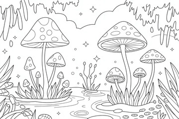 Mystical mushrooms in a tranquil, watery landscape.
