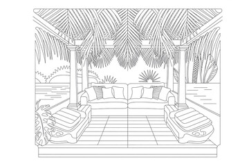 Tropical patio, shaded pergola, relaxing seating.
