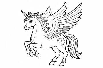 Winged unicorn, mythical creature, graceful pose.
