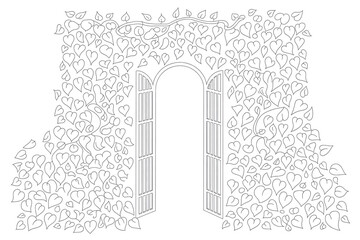 Archway adorned with hearts, a path to love.
