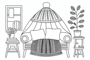 Cozy room with patterned tent, sofa, and plants.
