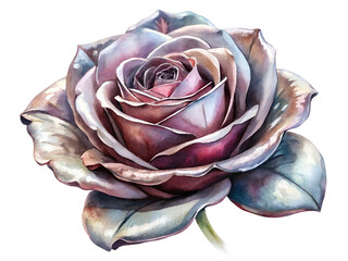 Watercolor Painting of a Purple and Grey Rose with Delicate Petals on Transparent Background