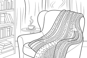 Cozy armchair with a patterned blanket, bookshelves, and a cup of tea.
