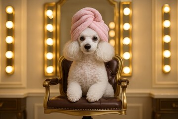 A stylish poodle sitting like a VIP client in a hair salon chair, ready for grooming or a makeover. A playful and charming scene perfect for pet grooming or spa promotions.
