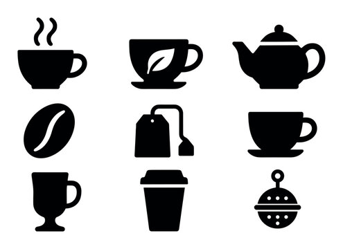 Coffee and tea solid icon set: cups, teapots, beans collection