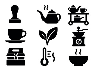Tea and coffee solid icon set. brewing essentials in minimalist solid design