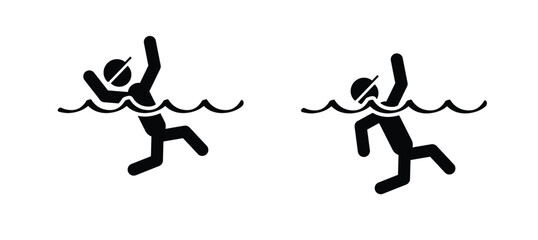 Cartoon kid, man or woman to sink or drown in the water, Can't swim. Stickman and two hands of drowning man in sea asking for help. Hands stretched. Helplessness, begs for rescue. No smimming.