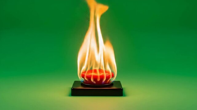 Flaming Red Button on Green Background - A red button sits on a black square base, engulfed in flames against a vibrant green backdrop.