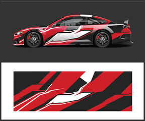 Modern Racing Car Wrap Design with Red White and Black Graphics