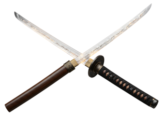 Two crossed katana swords one dark and one wooden against a black backdrop Blades intersect near the center