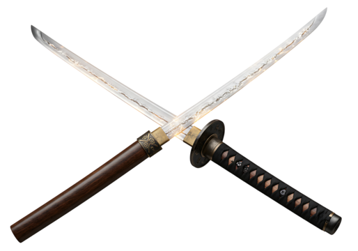 Two crossed katana swords one dark and one wooden against a black backdrop Blades intersect near the center