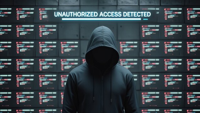 A mysterious figure in a dark hoodie stands against a wall of digital screens marked 'Unauthorized Access Detected'.