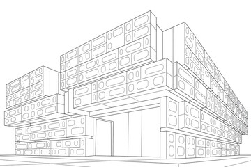 Fototapeta premium Architectural drawing of a modern, modular building. 