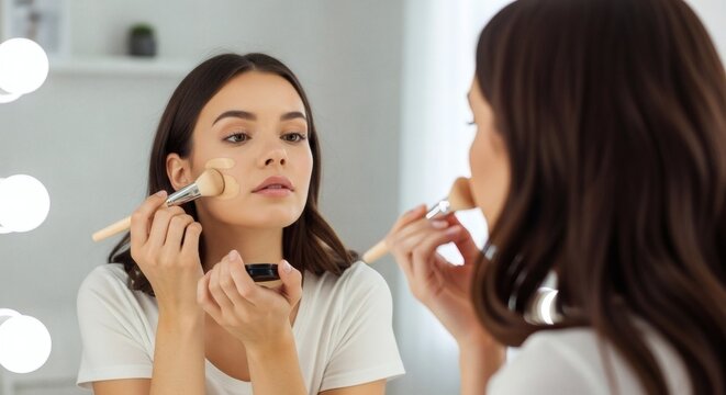 Woman applying foundation makeup with brush in front of mirror for beauty and skincare routine tutorial