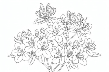 Delicate azalea blossoms in black and white line art.
