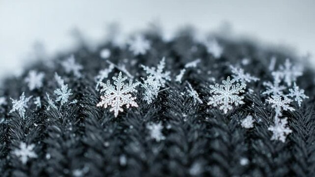 Close-up of Delicate Snowflakes on Dark Knitted Fabric