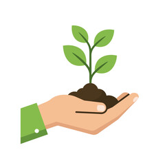 Illustration of a hand holding soil with a small green plant  eco, vegan, bio labels. Vector illustration EPS