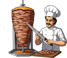Illustration of a Turkish Chef cutting a doner slice, isolated on white background