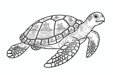 Turtle with intricate shell design, depicting islands.

